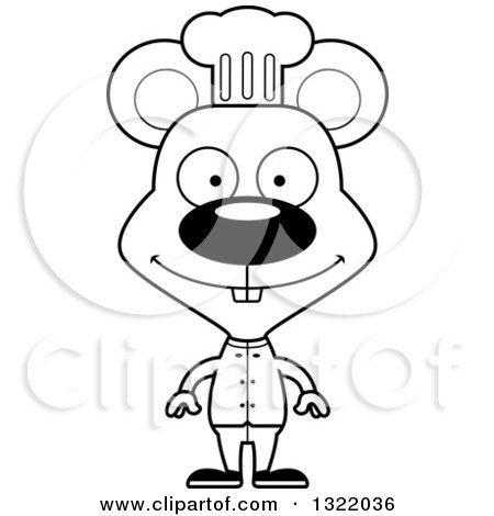 Lineart Clipart of a Cartoon Black and White Happy Mouse Chef - Royalty Free Outline Vector Illustration by Cory Thoman