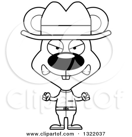 Lineart Clipart of a Cartoon Black and White Mad Mouse Cowboy - Royalty Free Outline Vector Illustration by Cory Thoman