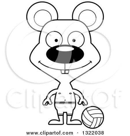 Lineart Clipart of a Cartoon Black and White Happy Mouse Beach Volleyball Player - Royalty Free Outline Vector Illustration by Cory Thoman