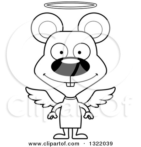 Lineart Clipart of a Cartoon Black and White Happy Mouse Angel - Royalty Free Outline Vector Illustration by Cory Thoman