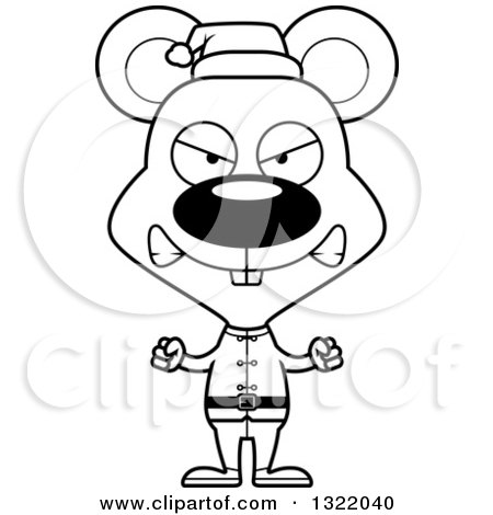 Lineart Clipart of a Cartoon Black and White Mad Mouse Christmas Elf - Royalty Free Outline Vector Illustration by Cory Thoman