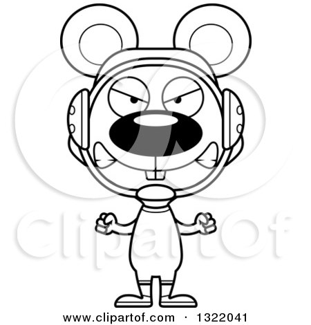 Lineart Clipart of a Cartoon Black and White Mad Mouse Wrestler - Royalty Free Outline Vector Illustration by Cory Thoman