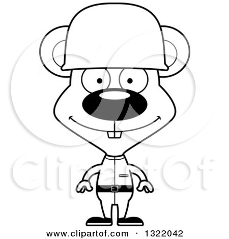 Lineart Clipart of a Cartoon Black and White Happy Mouse Army Soldier - Royalty Free Outline Vector Illustration by Cory Thoman