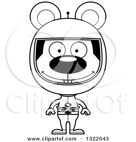 Lineart Clipart of a Cartoon Black and White Happy Mouse Astronaut - Royalty Free Outline Vector Illustration by Cory Thoman
