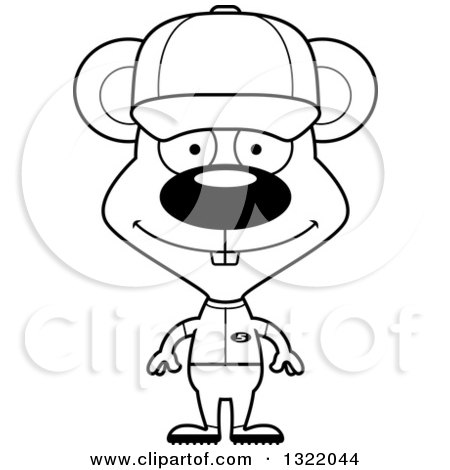 Lineart Clipart of a Cartoon Black and White Happy Mouse Baseball Player - Royalty Free Outline Vector Illustration by Cory Thoman