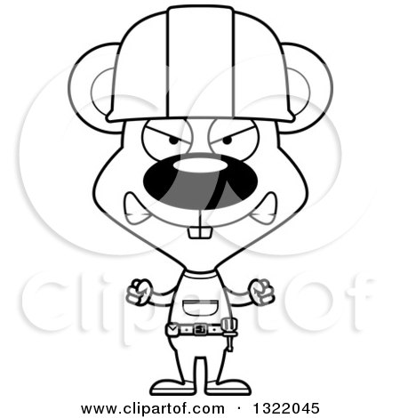 Lineart Clipart of a Cartoon Black and White Mad Mouse Construction Worker - Royalty Free Outline Vector Illustration by Cory Thoman