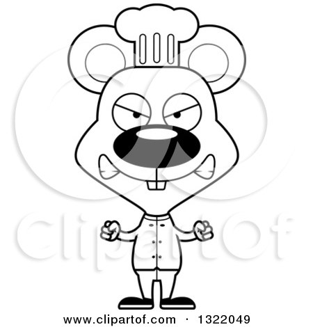 Lineart Clipart of a Cartoon Black and White Mad Mouse Chef - Royalty Free Outline Vector Illustration by Cory Thoman