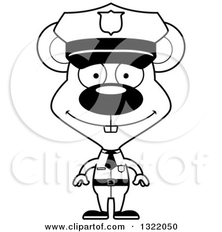 Lineart Clipart of a Cartoon Black and White Happy Mouse Police Officer - Royalty Free Outline Vector Illustration by Cory Thoman