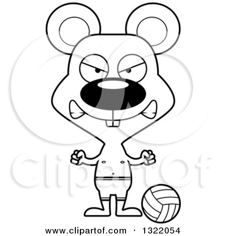 Lineart Clipart of a Cartoon Black and White Mad Mouse Beach Volleyball Player - Royalty Free Outline Vector Illustration by Cory Thoman