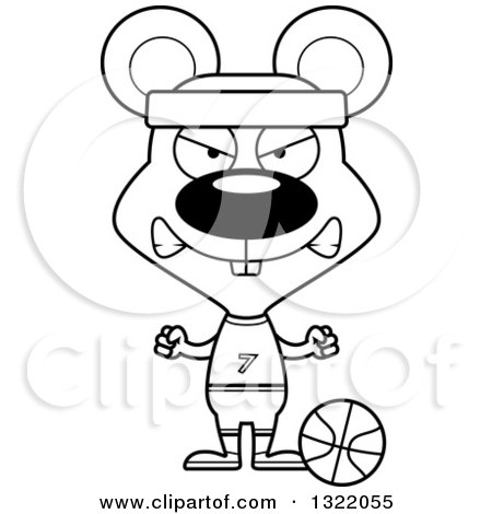 Lineart Clipart of a Cartoon Black and White Mad Mouse Basketball Player - Royalty Free Outline Vector Illustration by Cory Thoman