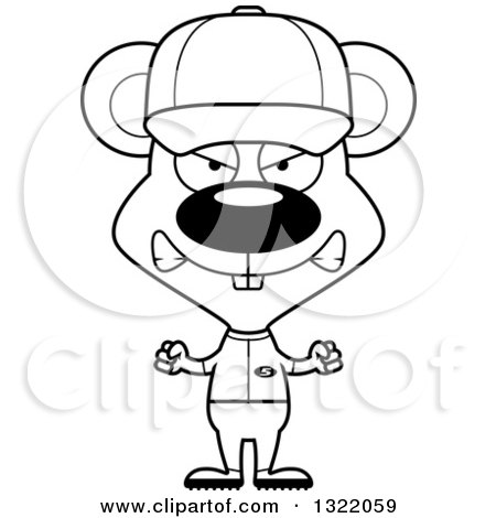Lineart Clipart of a Cartoon Black and White Mad Mouse Baseball Player - Royalty Free Outline Vector Illustration by Cory Thoman