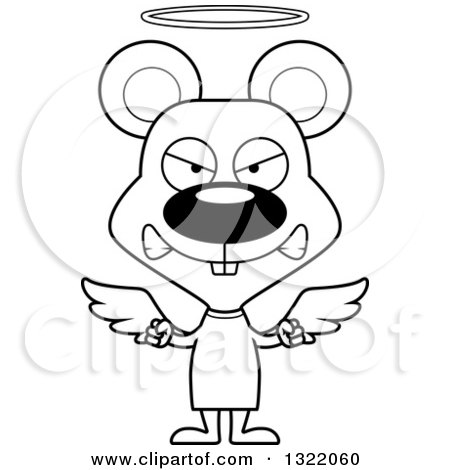 Lineart Clipart of a Cartoon Black and White Mad Mouse Angel - Royalty Free Outline Vector Illustration by Cory Thoman