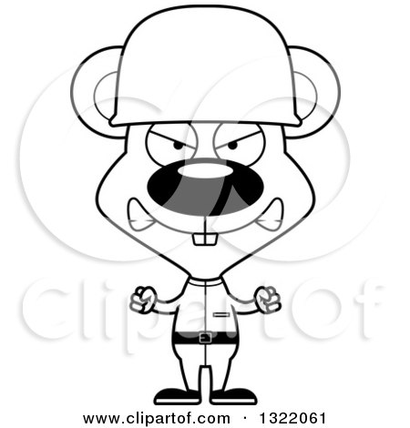 Lineart Clipart of a Cartoon Black and White Mad Mouse Army Soldier - Royalty Free Outline Vector Illustration by Cory Thoman
