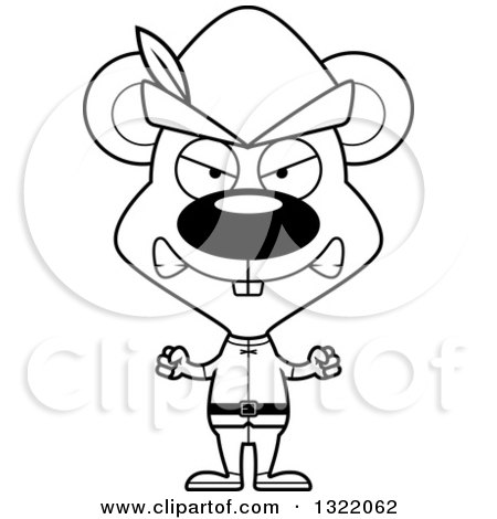 Lineart Clipart of a Cartoon Black and White Mad Mouse Robin Hood - Royalty Free Outline Vector Illustration by Cory Thoman