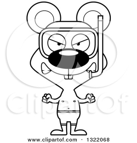 Lineart Clipart of a Cartoon Black and White Mad Mouse Wearing Snorkel Gear - Royalty Free Outline Vector Illustration by Cory Thoman