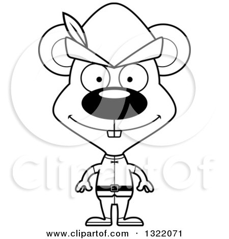Lineart Clipart of a Cartoon Black and White Happy Mouse Robin Hood - Royalty Free Outline Vector Illustration by Cory Thoman