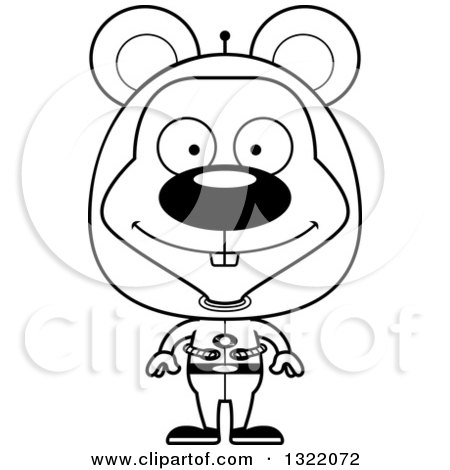 Lineart Clipart of a Cartoon Black and White Happy Space Mouse - Royalty Free Outline Vector Illustration by Cory Thoman