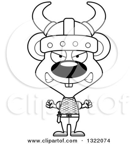 Lineart Clipart of a Cartoon Black and White Mad Mouse Viking - Royalty Free Outline Vector Illustration by Cory Thoman