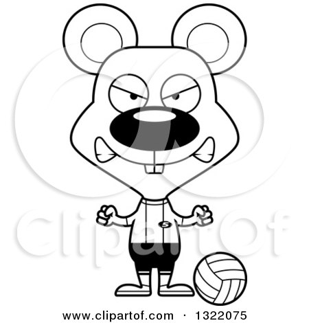 Lineart Clipart of a Cartoon Black and White Mad Mouse Volleyball Player - Royalty Free Outline Vector Illustration by Cory Thoman