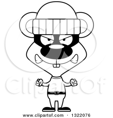 Lineart Clipart of a Cartoon Black and White Mad Mouse Robber - Royalty Free Outline Vector Illustration by Cory Thoman