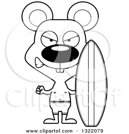 Lineart Clipart of a Cartoon Black and White Mad Mouse Surfer - Royalty Free Outline Vector Illustration by Cory Thoman