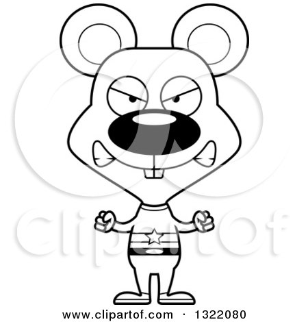 Lineart Clipart of a Cartoon Black and White Mad Mouse Super Hero - Royalty Free Outline Vector Illustration by Cory Thoman