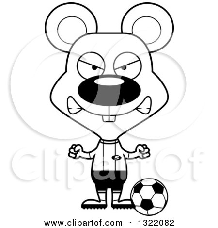 Lineart Clipart of a Cartoon Black and White Mad Mouse Soccer Player - Royalty Free Outline Vector Illustration by Cory Thoman