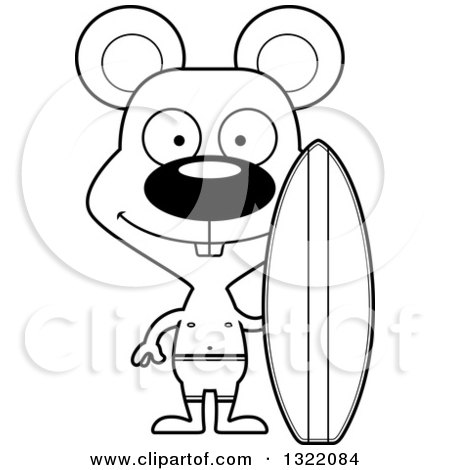Lineart Clipart of a Cartoon Black and White Happy Mouse Surfer - Royalty Free Outline Vector Illustration by Cory Thoman