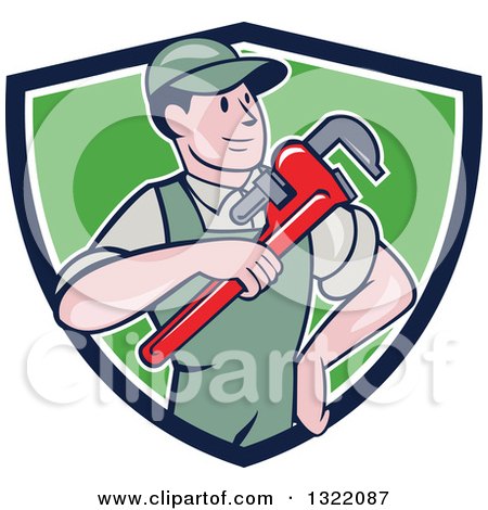 Clipart of a Retro Cartoon White Male Plumber Holding a Giant Monkey Wrench in a Blue White and Green Shield - Royalty Free Vector Illustration by patrimonio