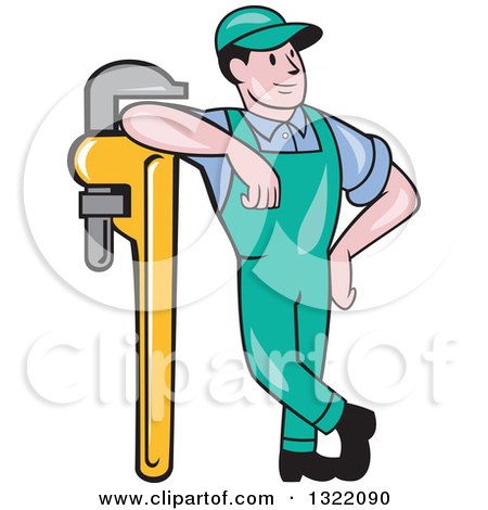 Clipart of a Cartoon White Male Plumber Leaning Against a Giant Monkey Wrench - Royalty Free Vector Illustration by patrimonio