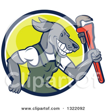 Clipart of a Cartoon Plumber Dog Holding up a Monkey Wrench in a Blue White and Green Circle - Royalty Free Vector Illustration by patrimonio