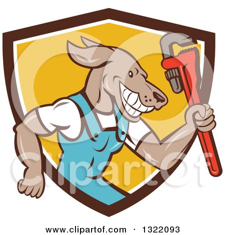 Clipart of a Retro Cartoon Plumber Dog Holding up a Monkey Wrench in a Brown White and Yellow Shield - Royalty Free Vector Illustration by patrimonio