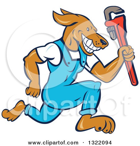 Clipart of a Cartoon Plumber Dog Running with a Monkey Wrench - Royalty Free Vector Illustration by patrimonio