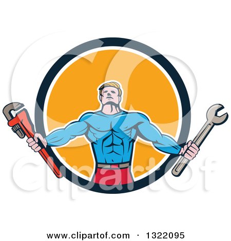 Clipart of a Cartoon Muscular Male Super Hero Holding Spanner and Monkey Wrenches and Emerging from a Blue White and Yellow Circle - Royalty Free Vector Illustration by patrimonio