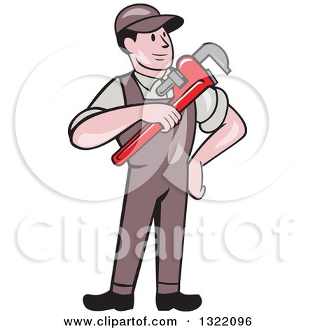 Clipart of a Retro Cartoon White Male Plumber Holding a Monkey Wrench - Royalty Free Vector Illustration by patrimonio