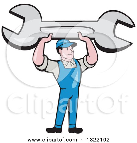 Clipart of a Cartoon White Male Mechanic Holding up a Giant Spanner Wrench - Royalty Free Vector Illustration by patrimonio