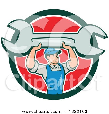 Clipart of a Cartoon White Male Mechanic Holding up a Giant Spanner Wrench and Emerging from a Green White and Red Circle - Royalty Free Vector Illustration by patrimonio