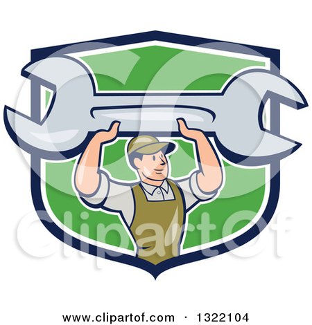 Clipart of a Cartoon White Male Mechanic Holding up a Giant Spanner Wrench and Emerging from a Blue White and Green Shield - Royalty Free Vector Illustration by patrimonio