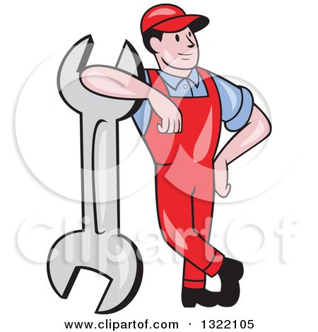 Clipart of a Cartoon White Male Mechanic Leaning on a Giant Spanner Wrench - Royalty Free Vector Illustration by patrimonio