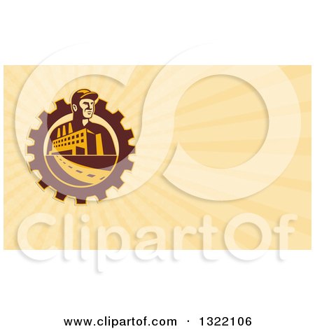 Clipart of a Retro Factory Worker Mechanic in a Gear with a Building and Pastel Orange Rays Background or Business Card Design - Royalty Free Illustration by patrimonio