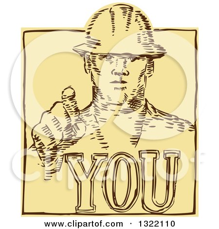 Clipart of a Retro Sketched or Engraved Construction Worker Pointing over You Text - Royalty Free Vector Illustration by patrimonio