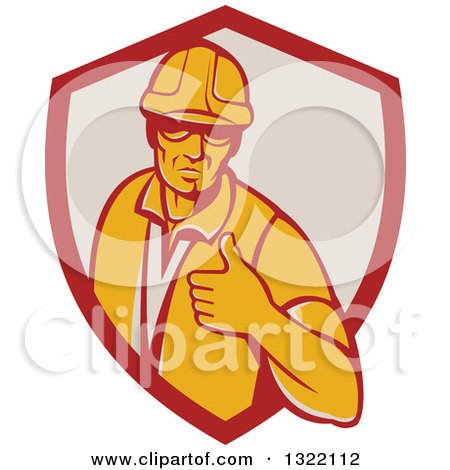 Clipart of a Retro Male Construction Worker Giving a Thumb up in a Red and Taupe Shield - Royalty Free Vector Illustration by patrimonio