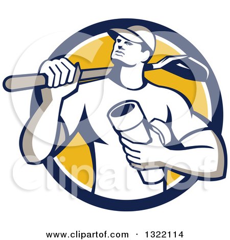 Clipart of a Retro Drainlayer Man Carrying a Shovel and Pipe in a Blue White and Yellow Circle - Royalty Free Vector Illustration by patrimonio