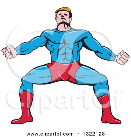 Clipart of a Cartoon Muscular Male Super Hero Squatting and Flexing - Royalty Free Vector Illustration by patrimonio