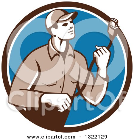 Clipart of a Retro Male Worker Holding a HDMI Cable and Emerging from a Brown White and Blue Circle - Royalty Free Vector Illustration by patrimonio