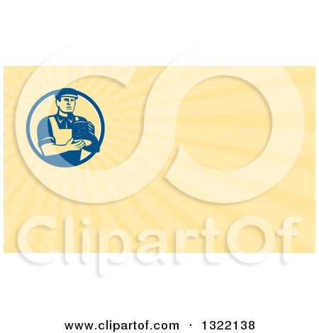Clipart of a Retro Male Cheesemaker Holding a Parmesan Round and Pastel Orange Rays Background or Business Card Design - Royalty Free Illustration by patrimonio