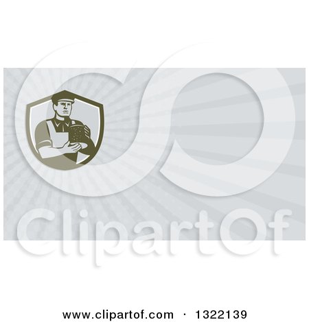 Clipart of a Retro Male Cheesemaker Holding a Parmesan Round and Gray Rays Background or Business Card Design - Royalty Free Illustration by patrimonio