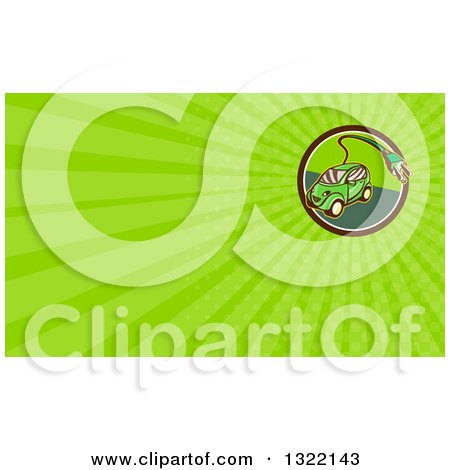 Clipart of a Retro Cartoon Hybrid Electric Car with a Plug in a Circle and Green Rays Background or Business Card Design - Royalty Free Illustration by patrimonio