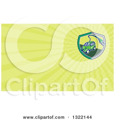 Clipart of a Retro Cartoon Hybrid Electric Car with a Plug in a Circle and Pastel Green Rays Background or Business Card Design - Royalty Free Illustration by patrimonio