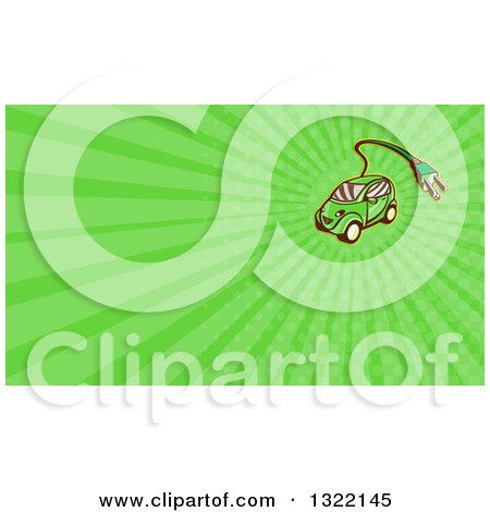 Clipart of a Retro Cartoon Hybrid Electric Car with a Plug and Green Rays Background or Business Card Design - Royalty Free Illustration by patrimonio